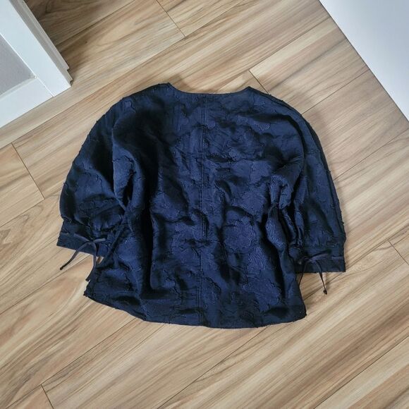 Karl Lagerfeld Floral Lace Burnout Blouse in Navy - Picture 8 of 13